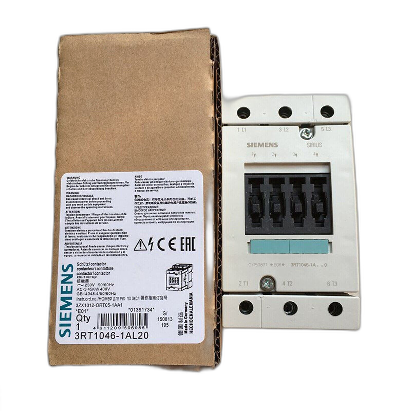 Siemens 3RT1046-1AL20 Contactor 3RT1046-1AL20 40A 3P 120V Coil Voltage