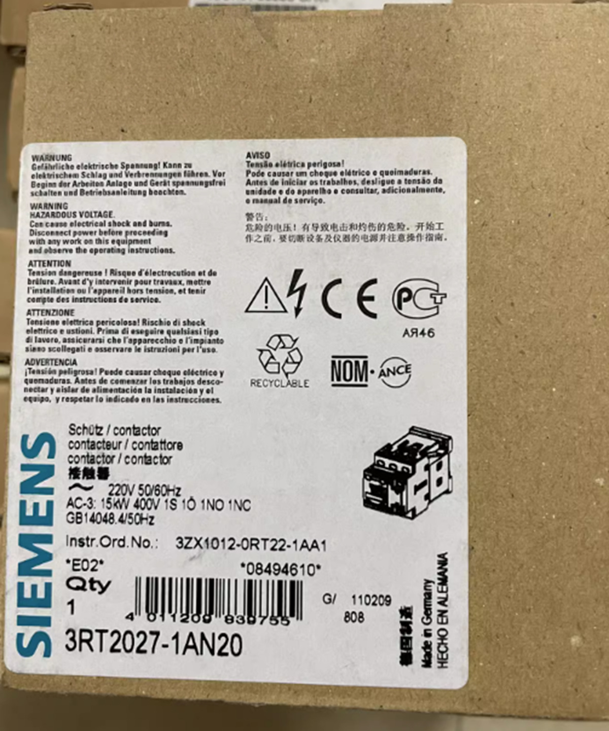 Siemens 3RT2027-1AN20 Magnetic Contactor 220V 3A 2a2b