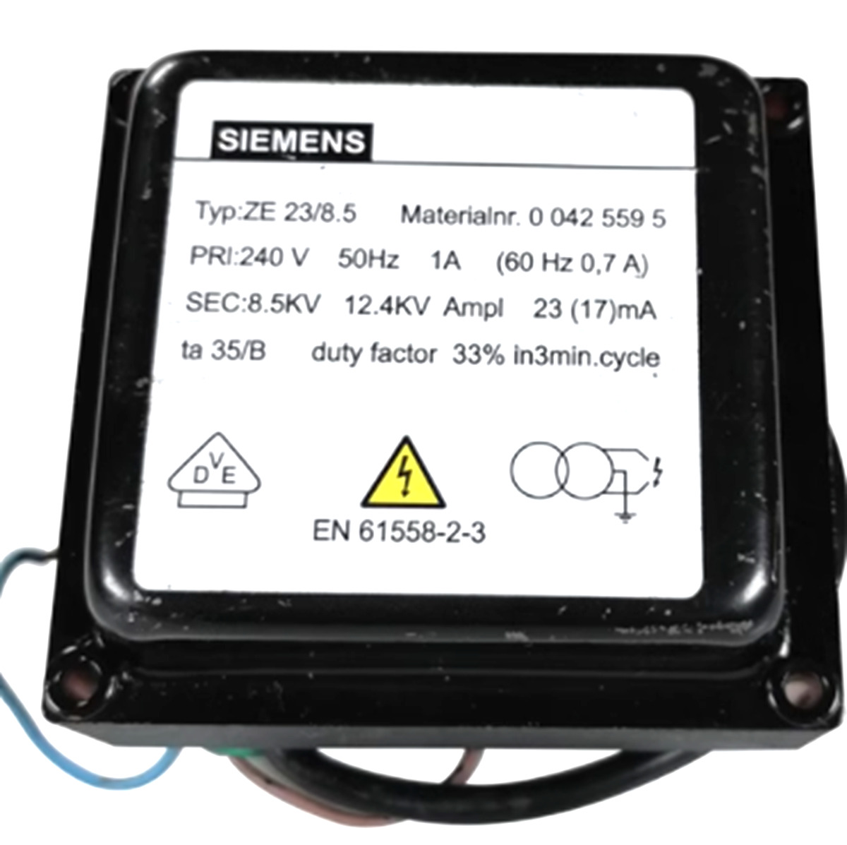 Siemens ZE23 8.5 Ignition Transformer 240V 1A 8.5KV 12.4KV Ampl 23mA