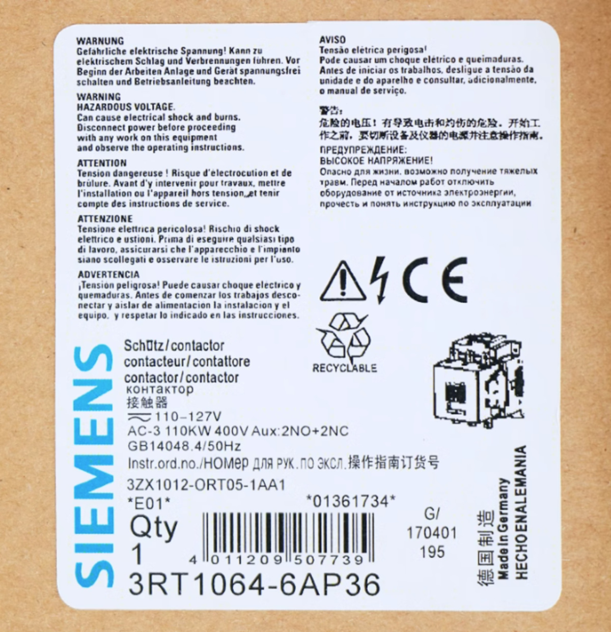 Siemens 3RT1064-6AP36 Contactor