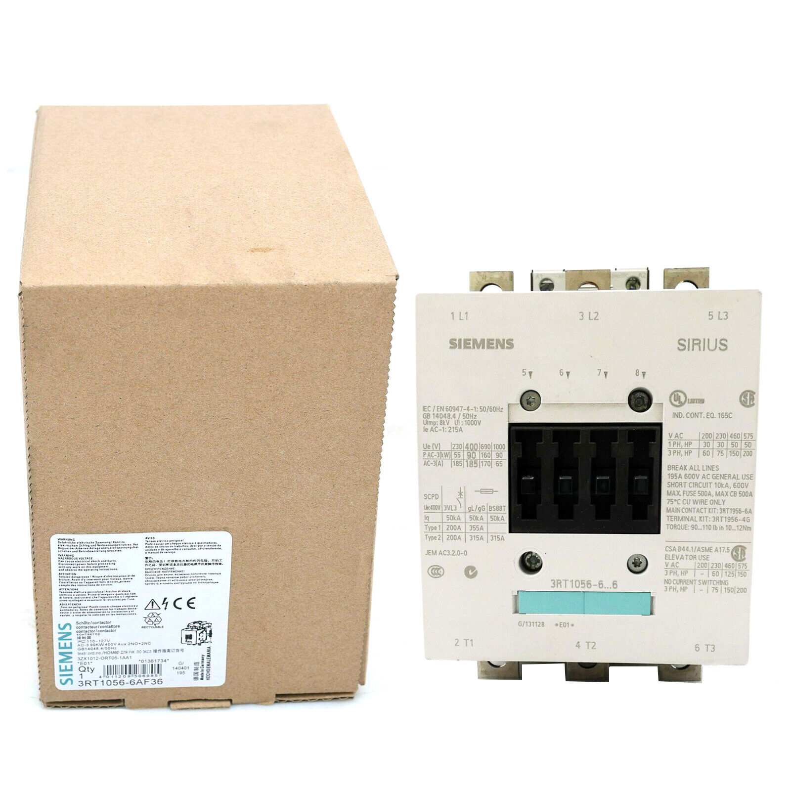 Siemens 3RT1056-6AF36 Sirius Contactor 3RT 3 Pole 185A 90kW 110/127V Coil