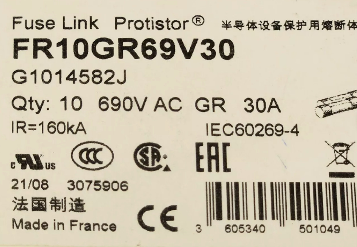 Mersen FR10GR69V30 30A 690VAC Fuse Link Protistor